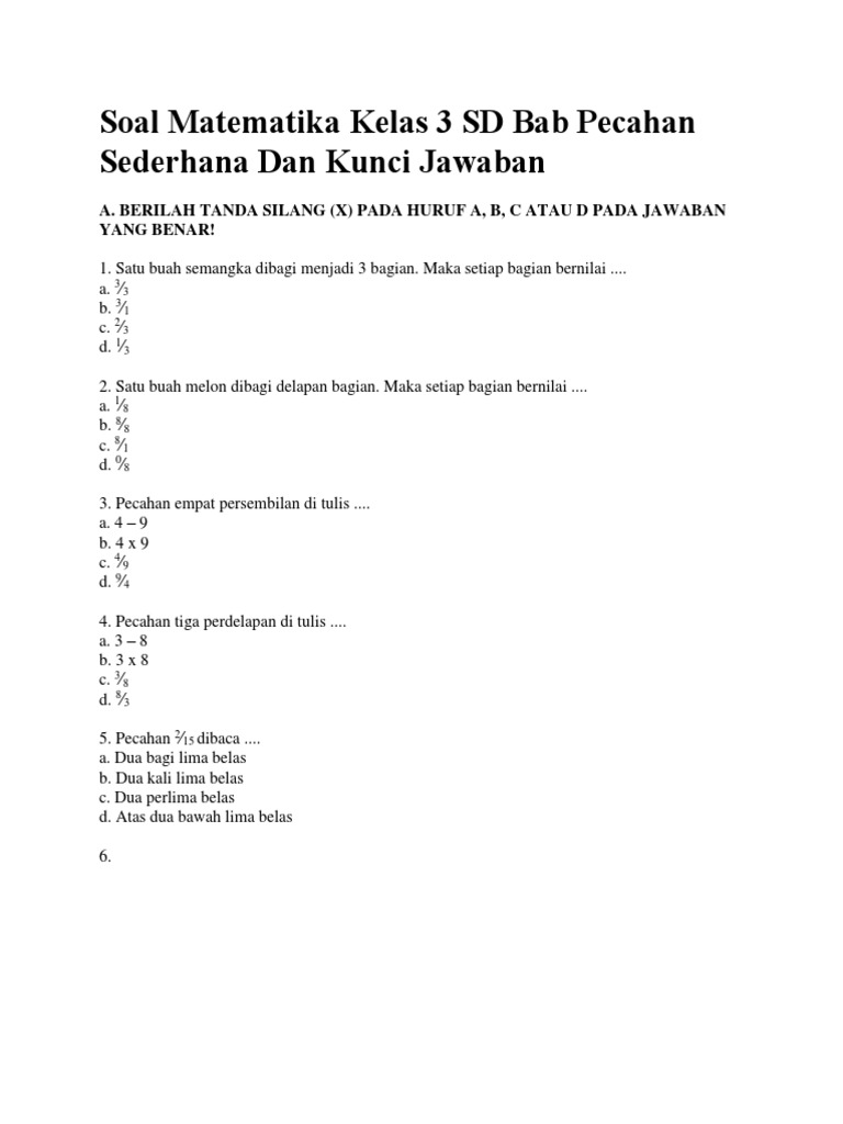 Soal Matematika Kelas 3 SD Bab Pecahan Sederhana Dan Kunci Jawaban | PDF