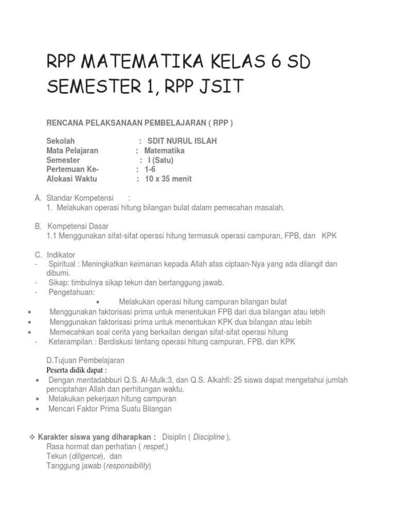 Rpp Matematika Kelas 6 Sd Semester 1