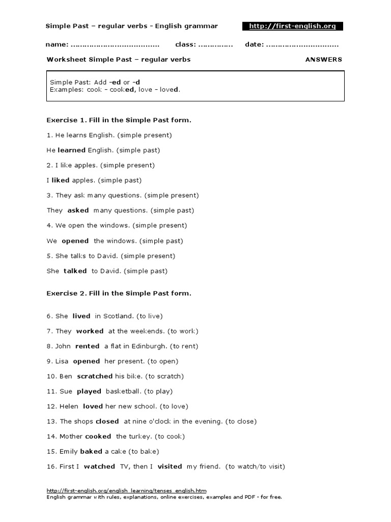 Simple Past 05 Regular Verbs Worksheet Answers PDF | PDF