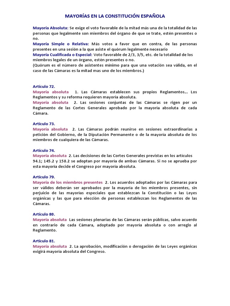 Tipos de Mayorías en la Constitución Española | PDF | Información del ...