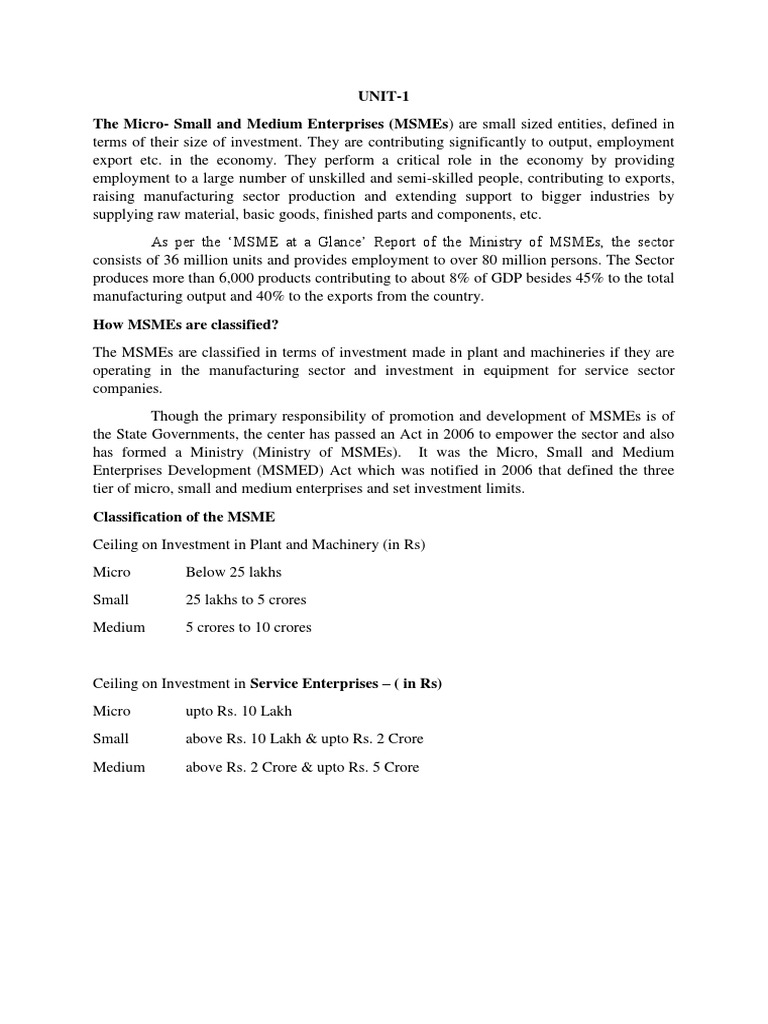 Unit-1 The Micro-Small and Medium Enterprises (Msmes) Are Small Sized ...