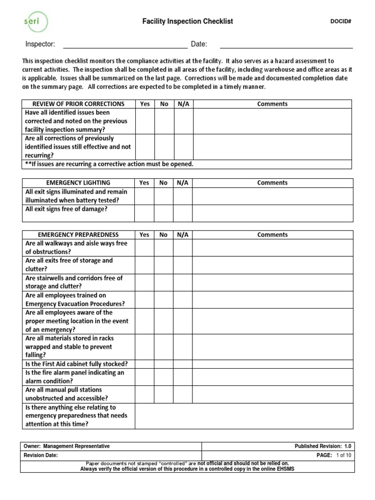 Facility Inspection Checklist Overview | PDF | Personal Protective ...