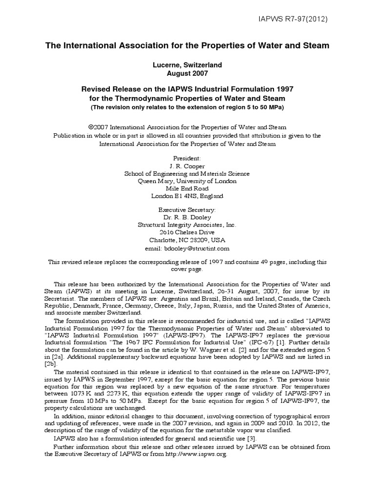 IF97 Rev PDF | PDF | Temperature | Enthalpy