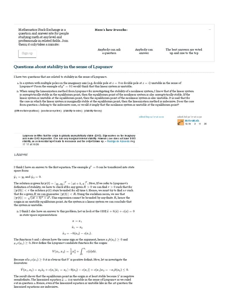 Lyapunov Stability Analysis Questions | PDF | Stability Theory ...
