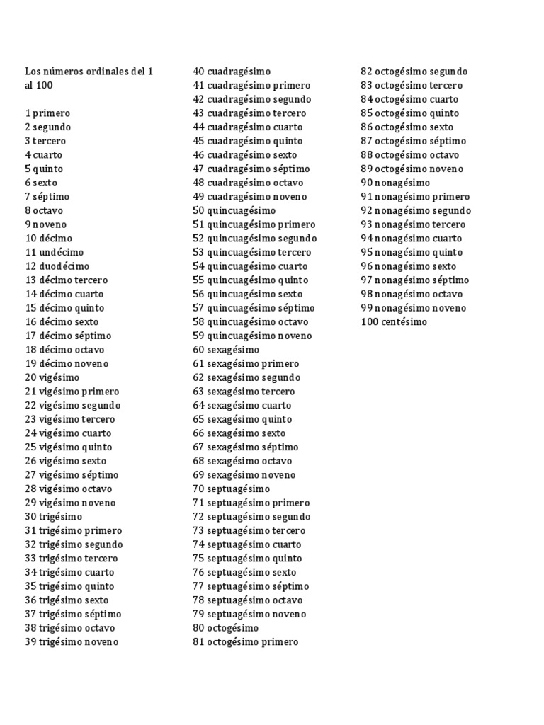 Los Números Ordinales Del 1 Al 100 Deportes