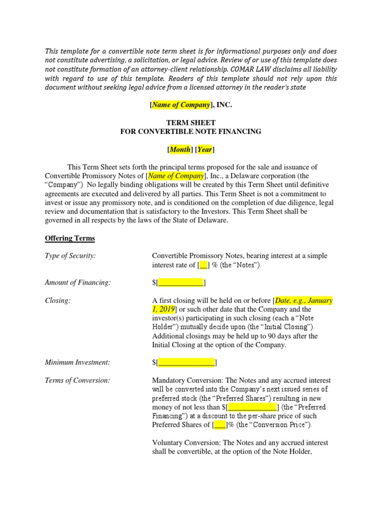 Convertible Note Term Sheet Word Template PDF Preferred Stock Stocks