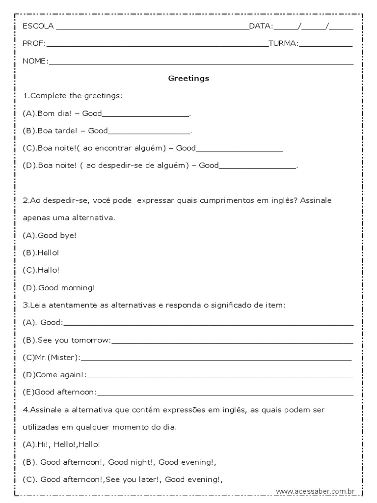 Atividade de Língua Inglesa Greetings 6º Ano