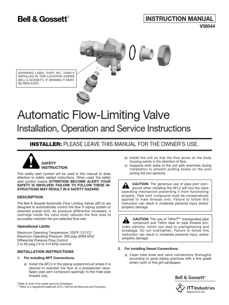 Automatic Flow Limiting Valve Installation Operation And Service
