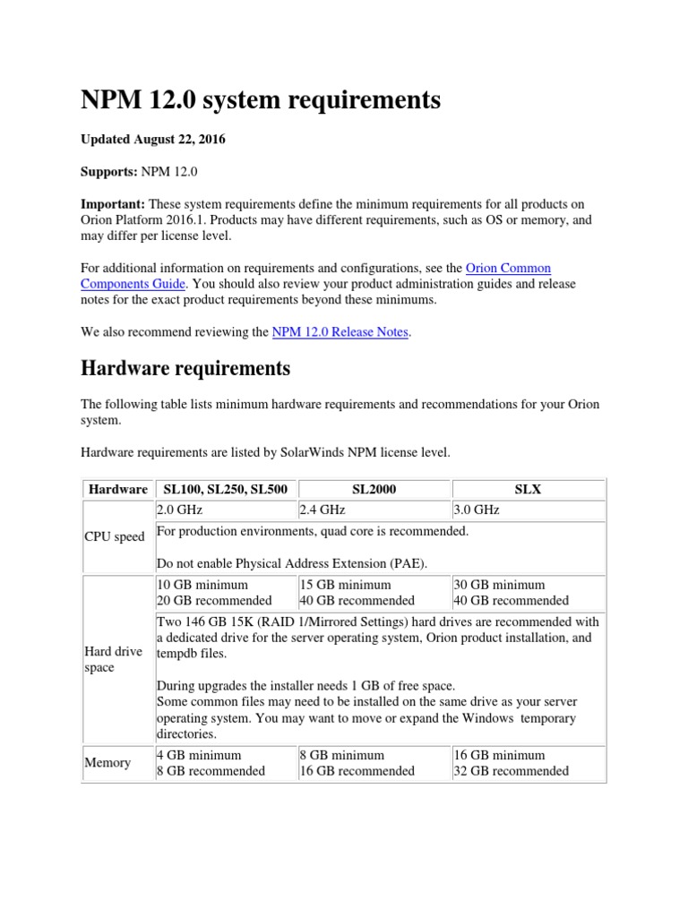 SolarWinds System Requirements PDF I Pv6 Microsoft Sql Server