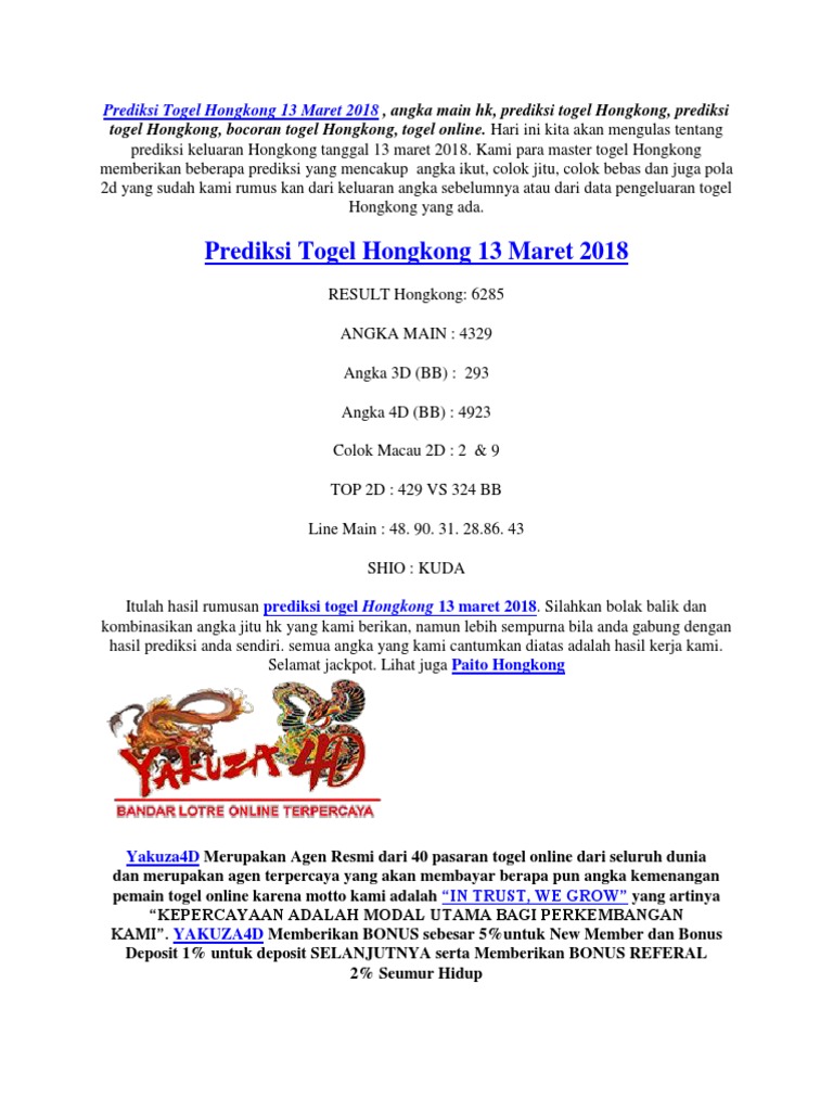 Prediksi Togel Hongkong 13 Maret 2018 Yakuzalotto Pdf