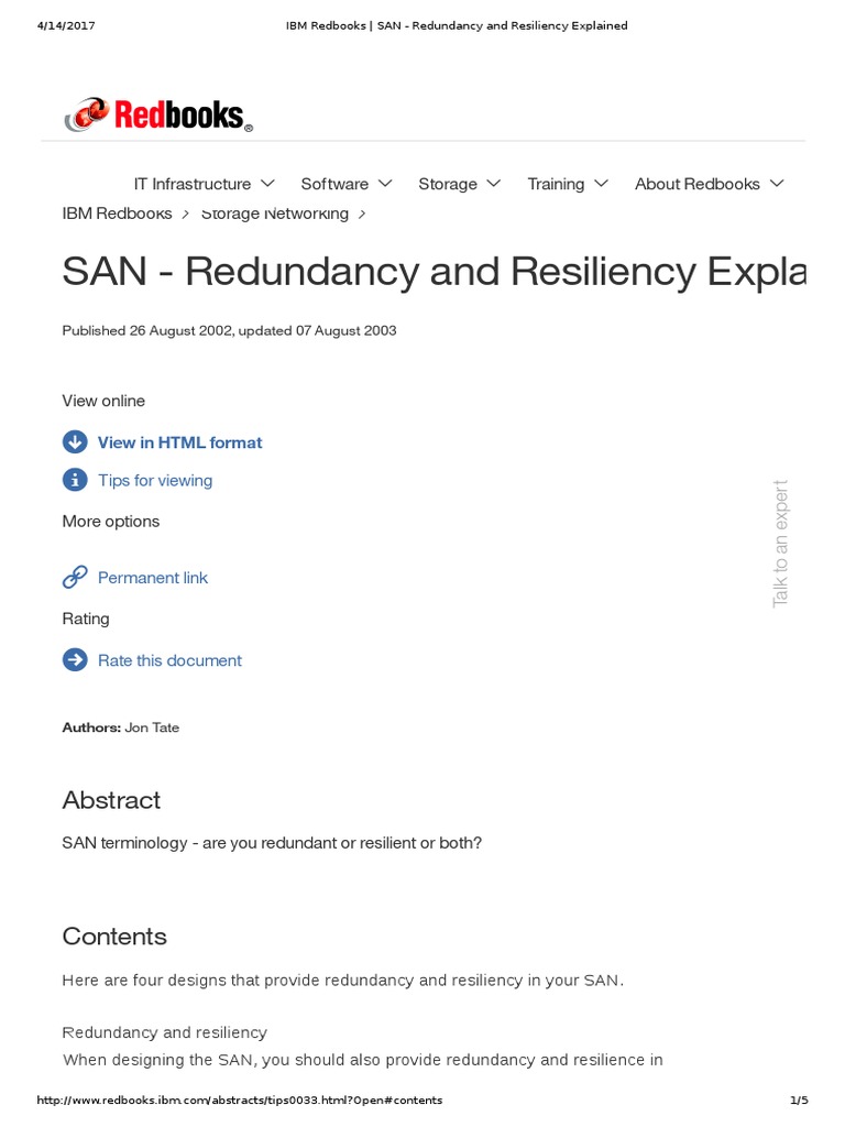 IBM Redbooks - SAN - Redundancy and Resiliency Explained | PDF ...