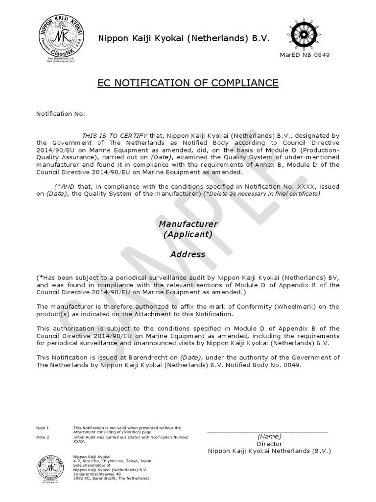Ec Notification of Compliance Nippon Kaiji Kyokai B.V