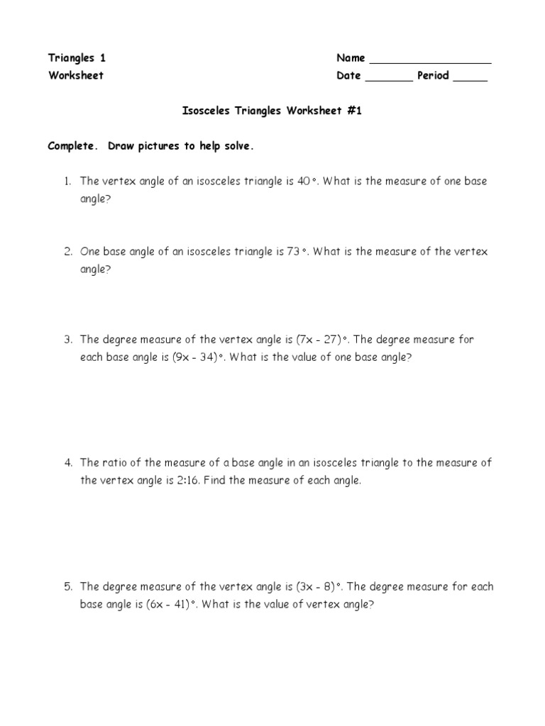 Triangles 1 Name Worksheet Date Period Isosceles Triangles