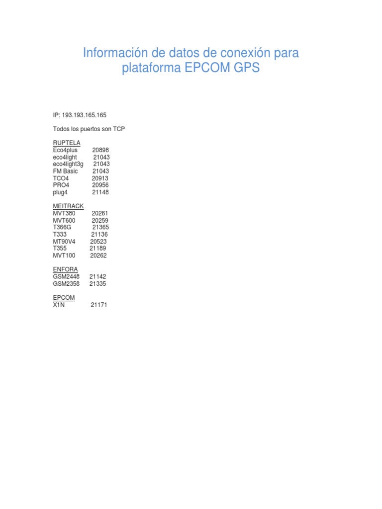 IP y Puertos Plataforma EPCOM GPS | PDF | Estándares de internet ...