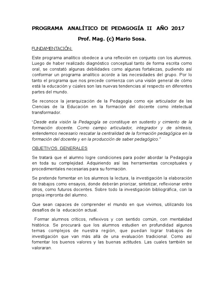 Programa Analítico de Pedagogía 2017 | PDF | Pedagogía | Maestros