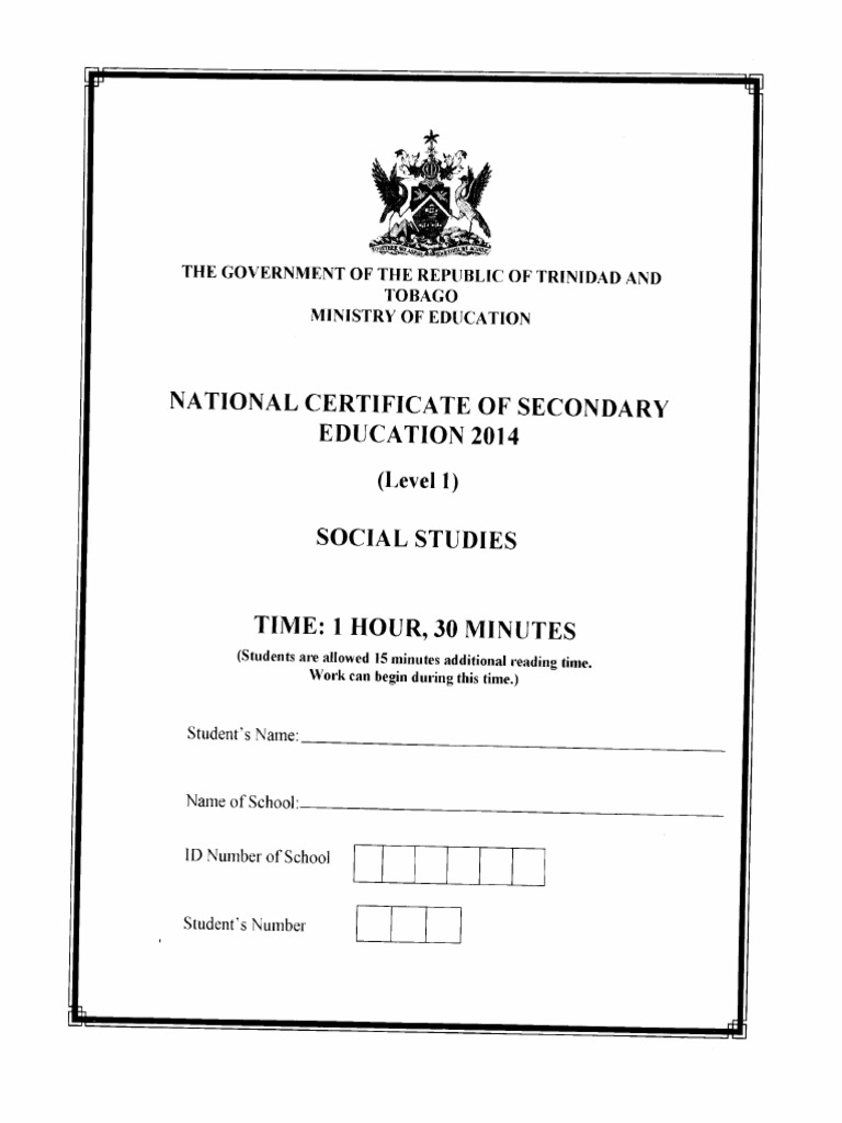 NCSE 2014 Social Studies PDF Trinidad And Tobago Multiple Choice
