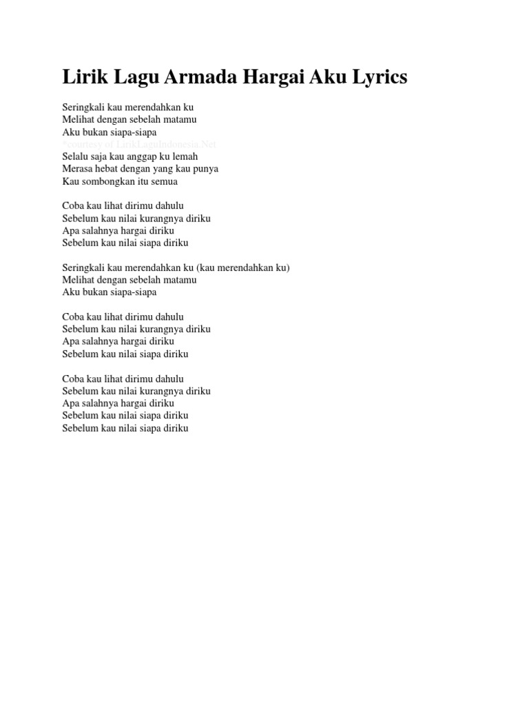 Lirik Lagu Armada Hargai Aku Lyrics PDF Pengembangan Diri