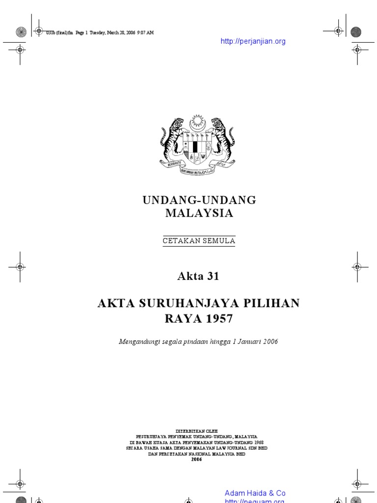 Akta 31 Akta Suruhanjaya Pilihan Raya 1957 | PDF