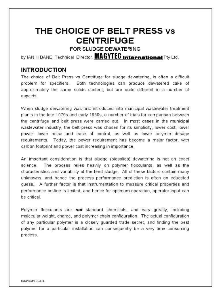 The Choice of Belt Press Vs Centrifuge Magytec PDF Centrifuge Pump
