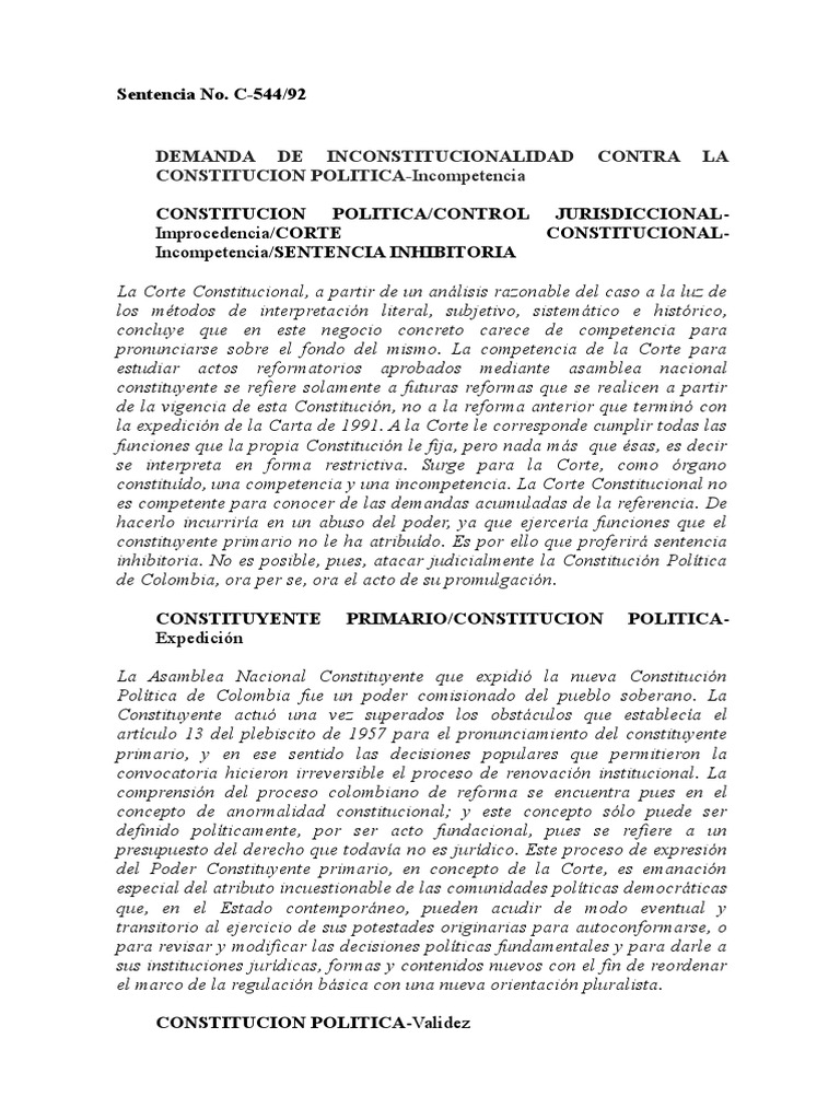 Corte Constitucional Sentencia C-544 de 1992 | PDF | Constitución