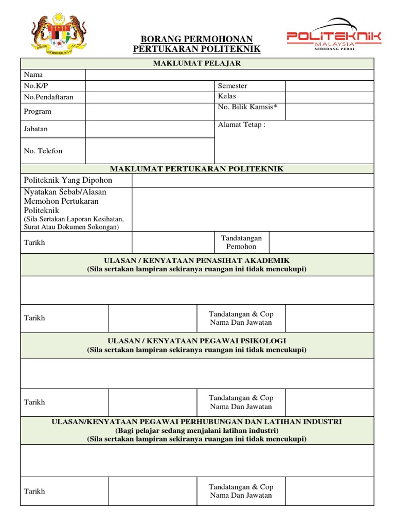 Borang Permohonan Politeknik 2018 Dojoaki
