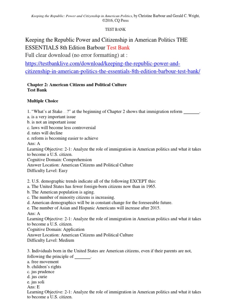 Keeping The Republic Power And Citizenship In American Politics The Essentials 8th Edition Barbour Test Bank Citizenship Of The United States Naturalization
