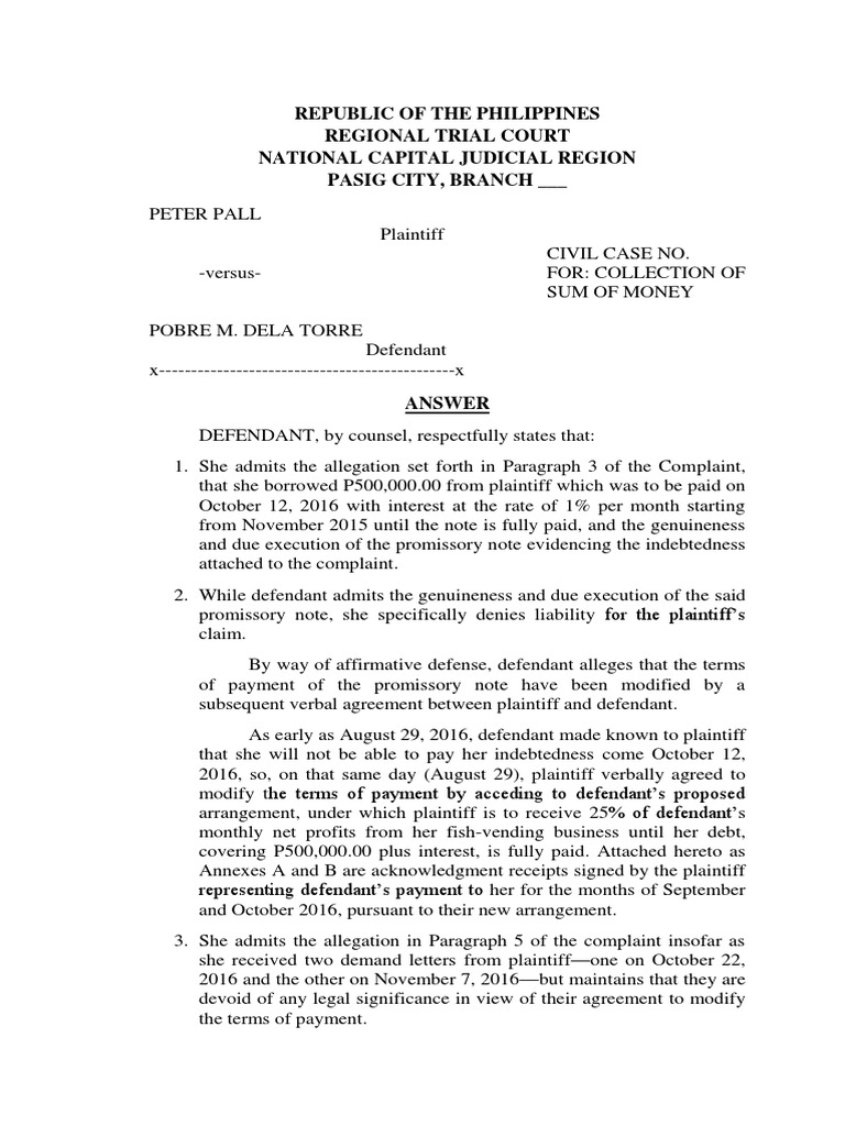Republic of The Philippines Regional Trial Court National Capital ...
