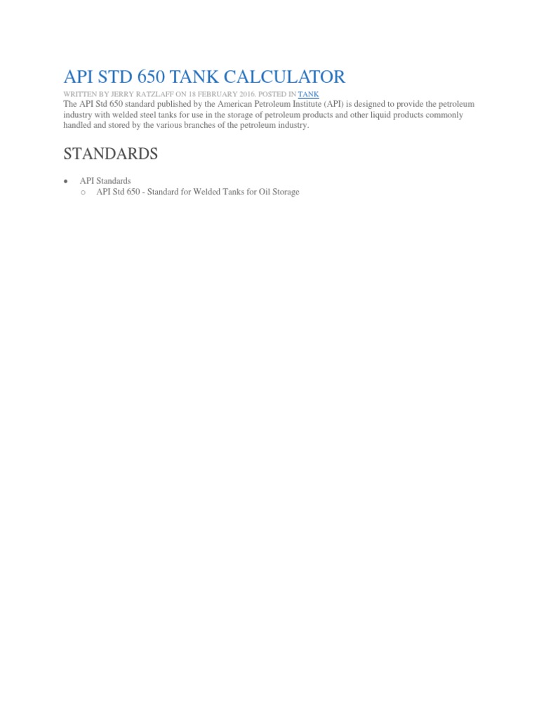 Api STD 650 Tank Calculator: Standards | PDF