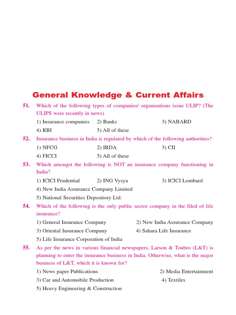 GK Question Paper on Current Affairs | PDF | Insurance | Financial Services
