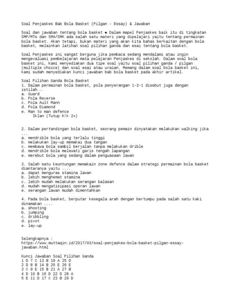 Soal Penjaskes Bab Bola Basket Pilgan Essay Jawaban
