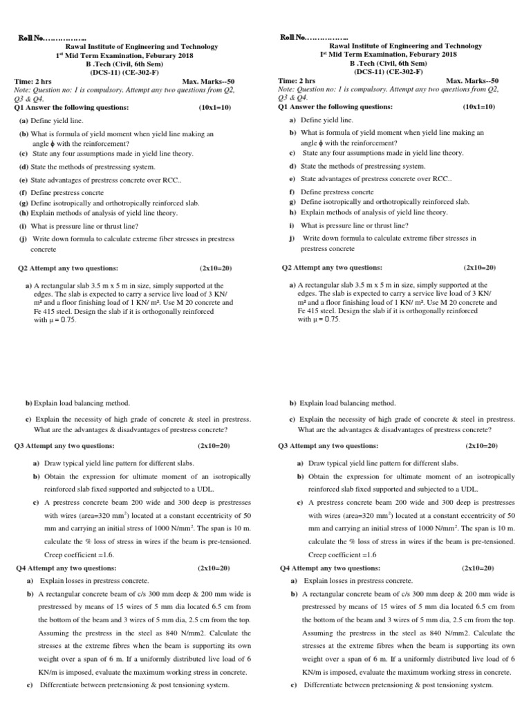DCS Civil Engineering Exam Questions | PDF | Prestressed Concrete ...