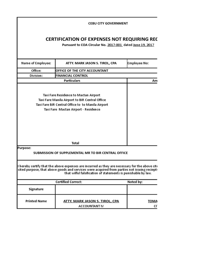 CERT. OF EXPENSES NOT REQUIRING RECEIPTS.xlsx Receipt Justice