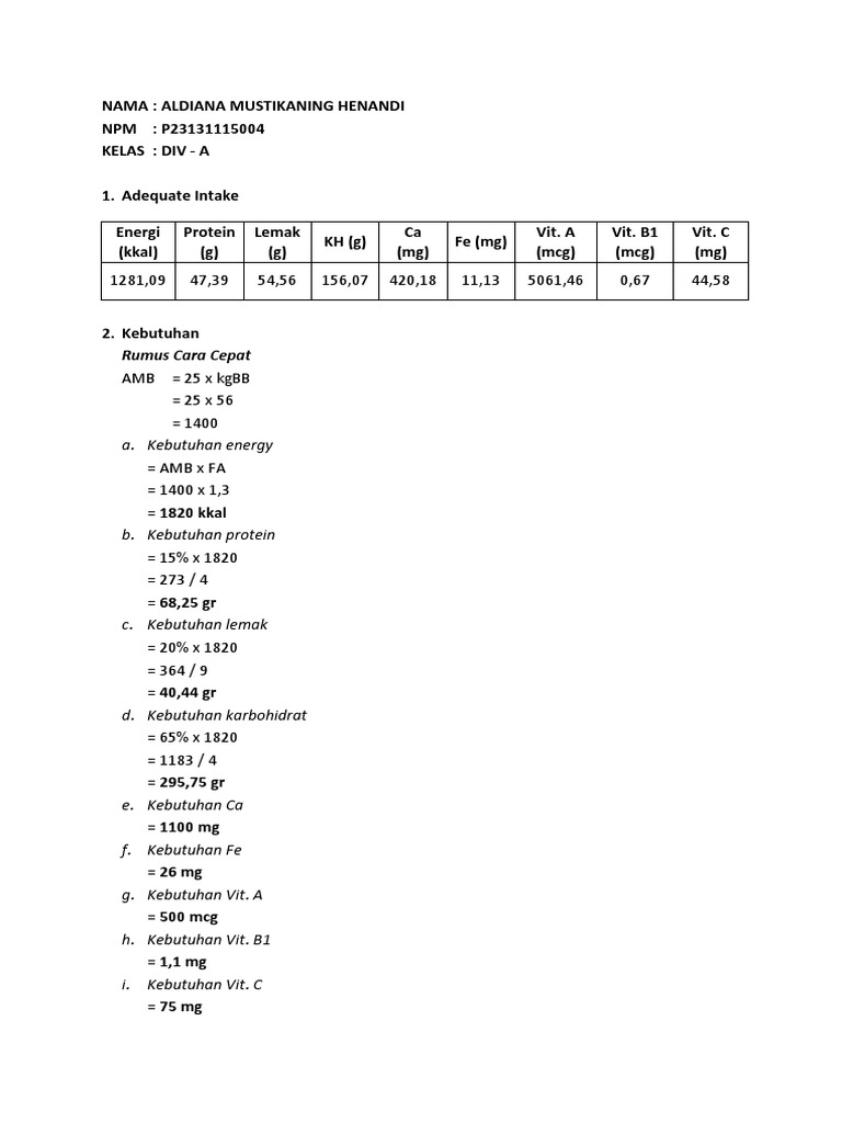 RDA Calculation and Nutritional Needs | PDF | Science & Mathematics