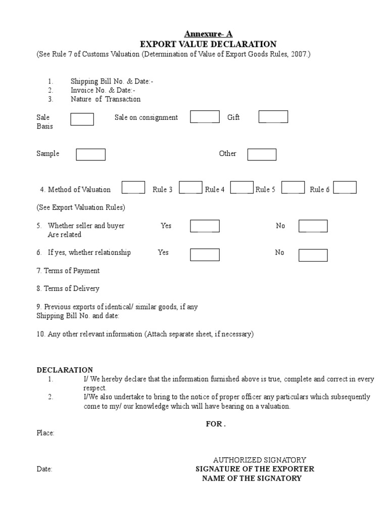 Export Value Declaration Annexure A | PDF