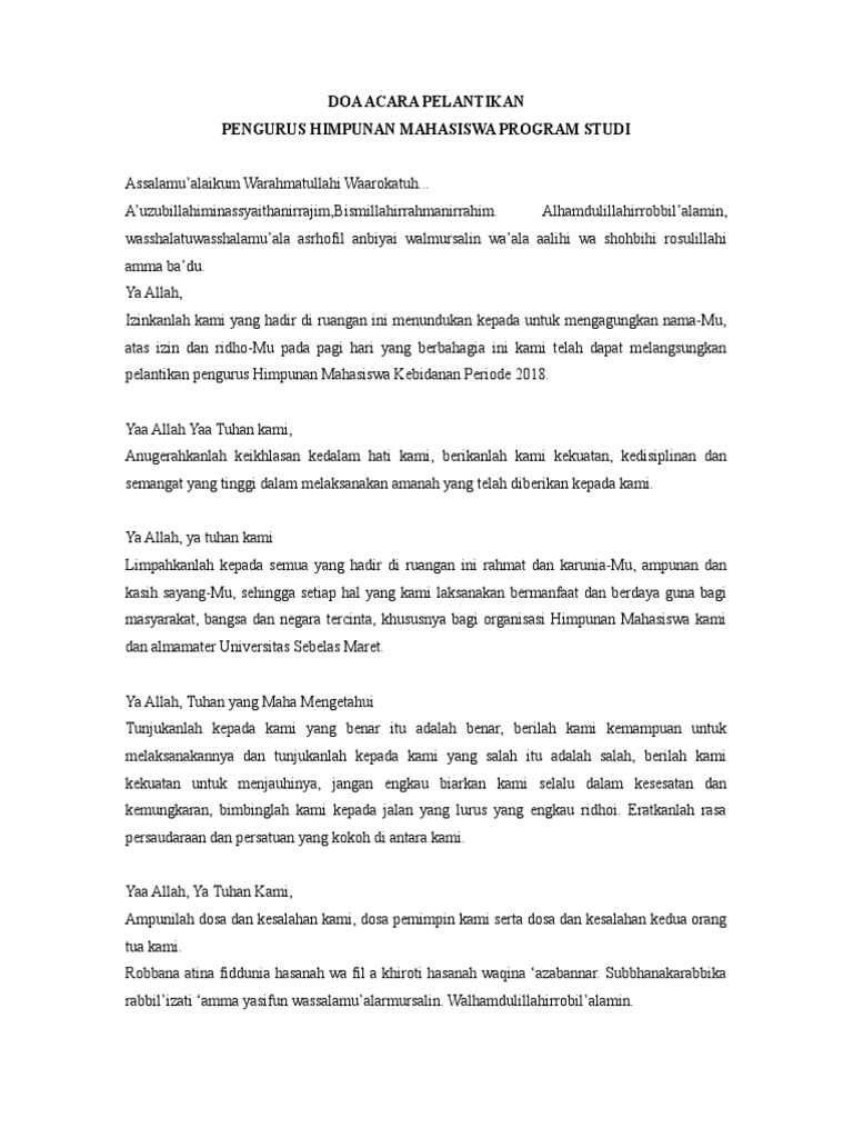 Teks Doa Pelantikan Pengurus Himpunan Mahasiswa Program Studi
