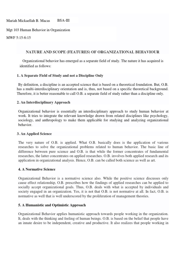 Nature and Scope of Organizational Behavior | PDF | Psychodynamics ...