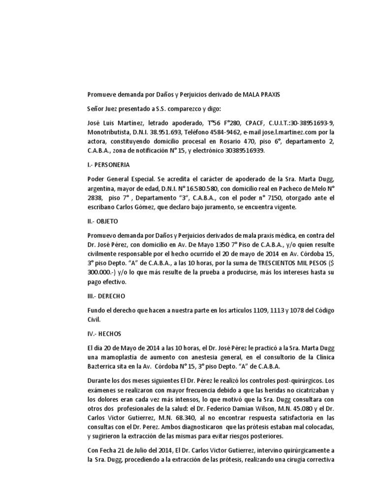 Promueve Demanda Por Daños y Perjuicios Derivado de MALA PRAXIS