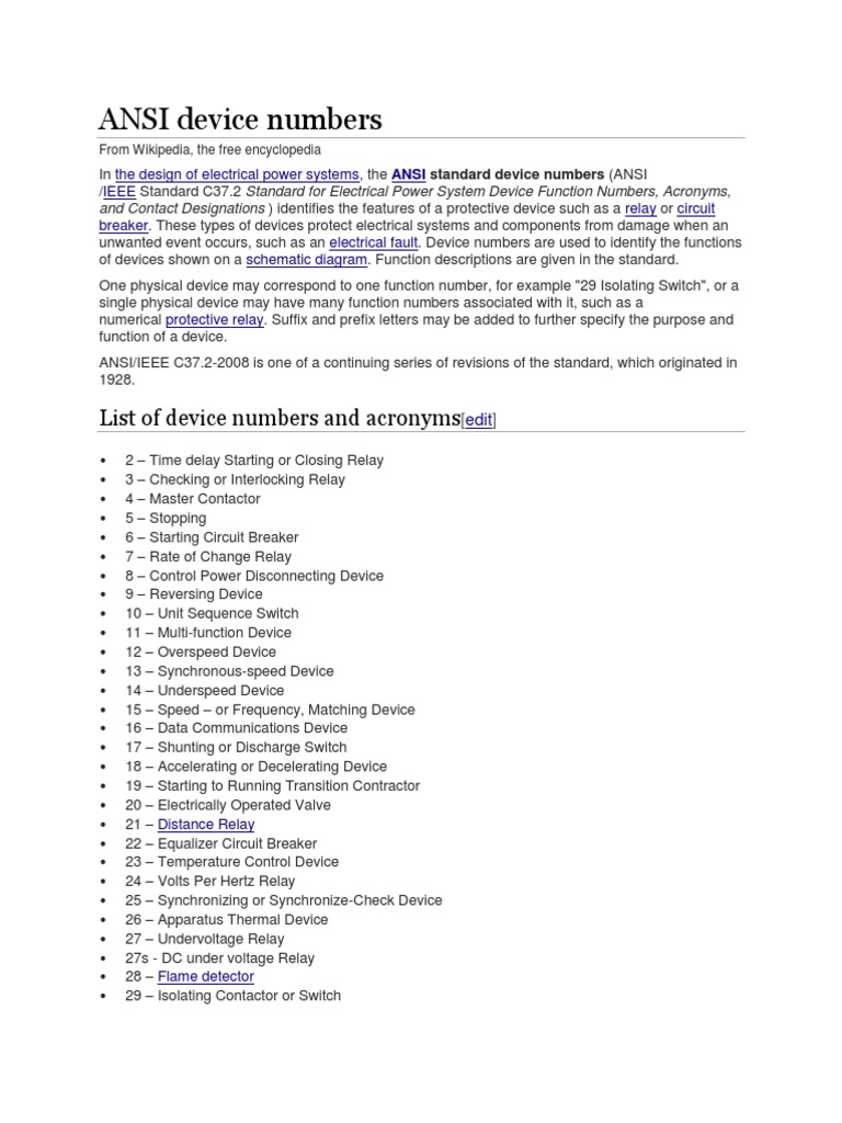 ANSI Device Numbers PDF Relay Switch