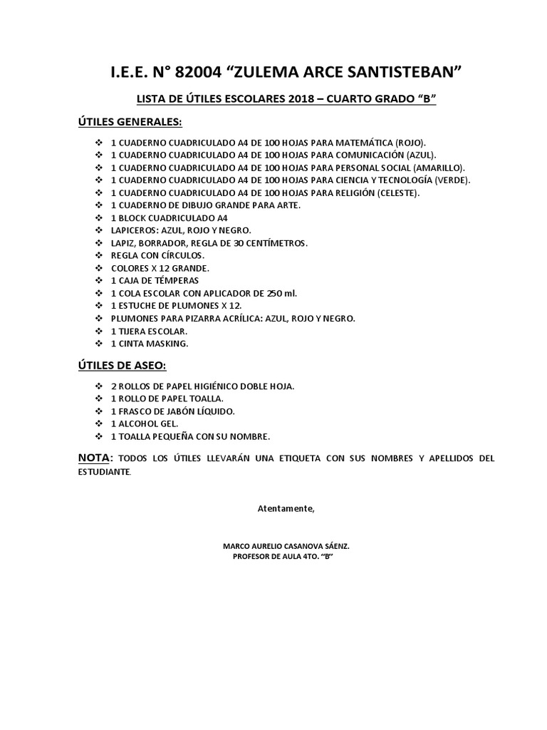 Lista de útiles Enseñanza media (I° y II° medio) – Colegio Almendral