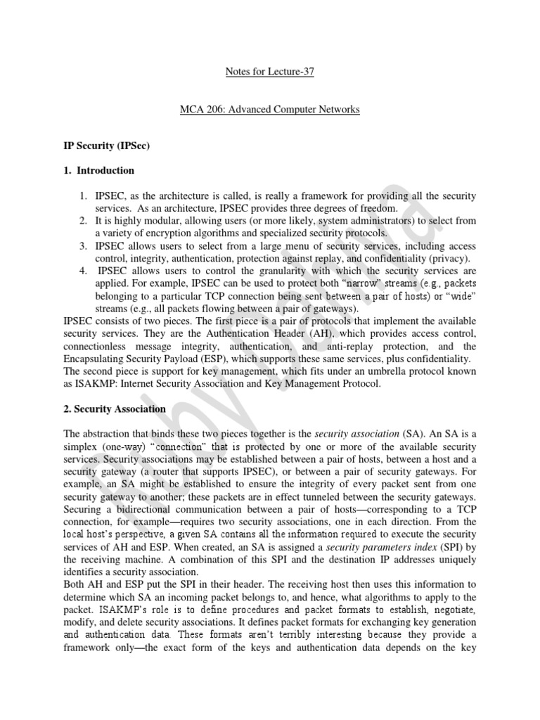 IPU MCA Advance Computer Network Lecture Wise Notes (Lec37 (IPSec ...
