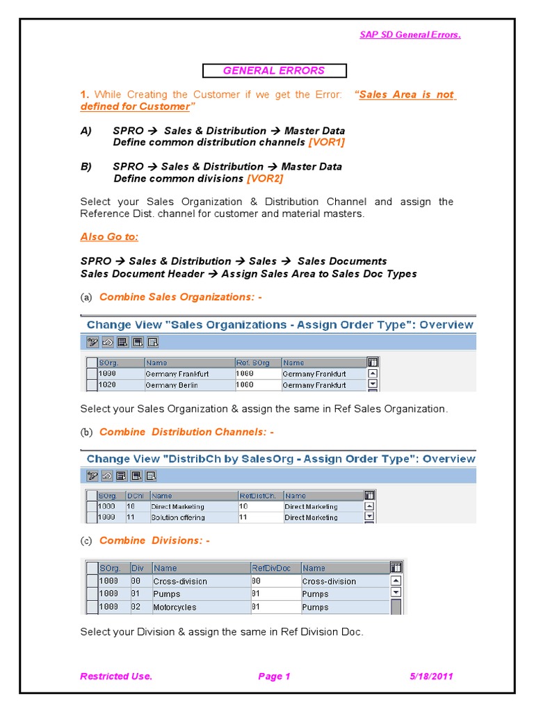 Solutions To Common Sap SD Errors PDF PDF Subroutine Inventory