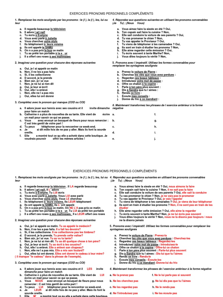 Remplacer Le Cod Par Un Pronom Personnel Exercices Pdf EXERCICES PRONOMS PERSONNELS COMPL MENTS Corrig PDF | PDF | Pronom | Langues