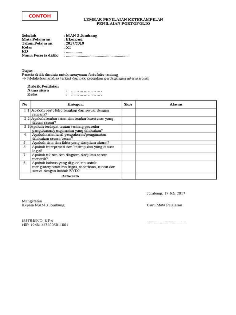 Contoh Penilaian Portofolio