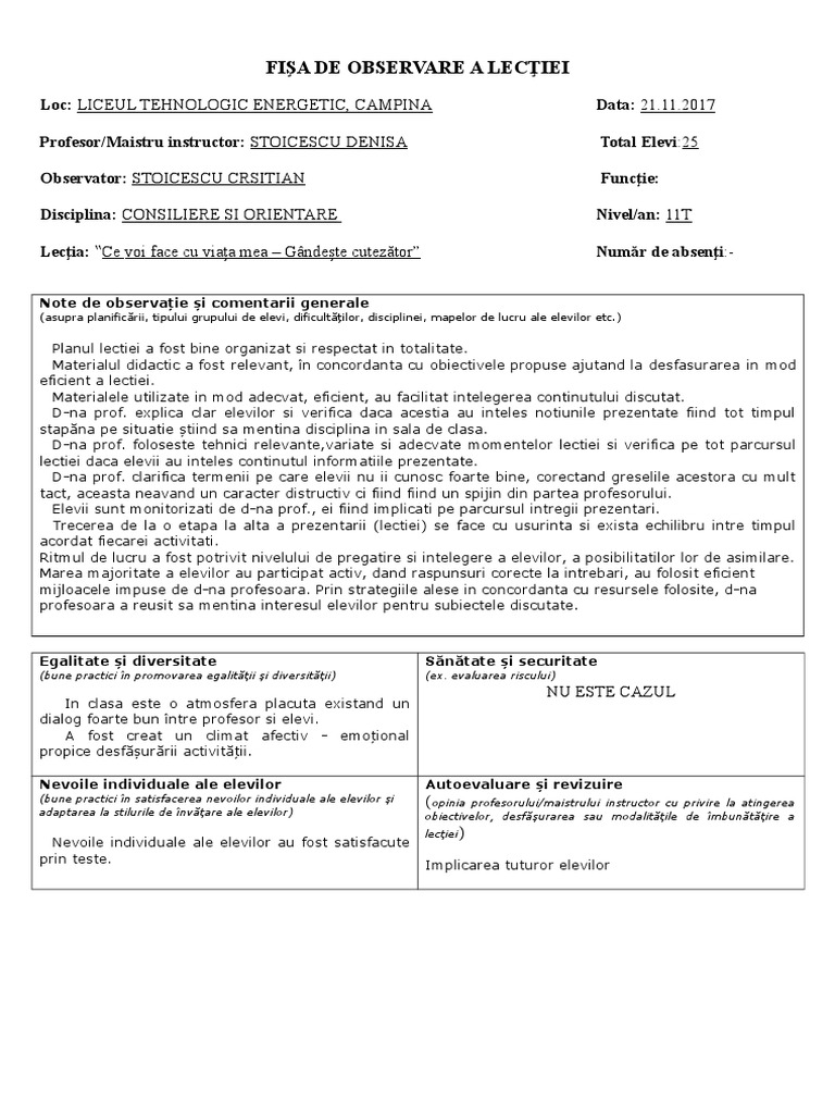 Fisa De Observare A Lectiei Dirigentie