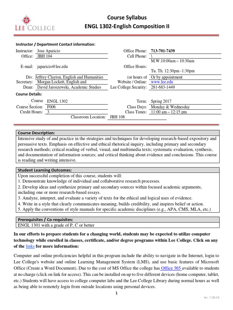 Course Syllabus ENGL 1302-English Composition II: Instructor ...