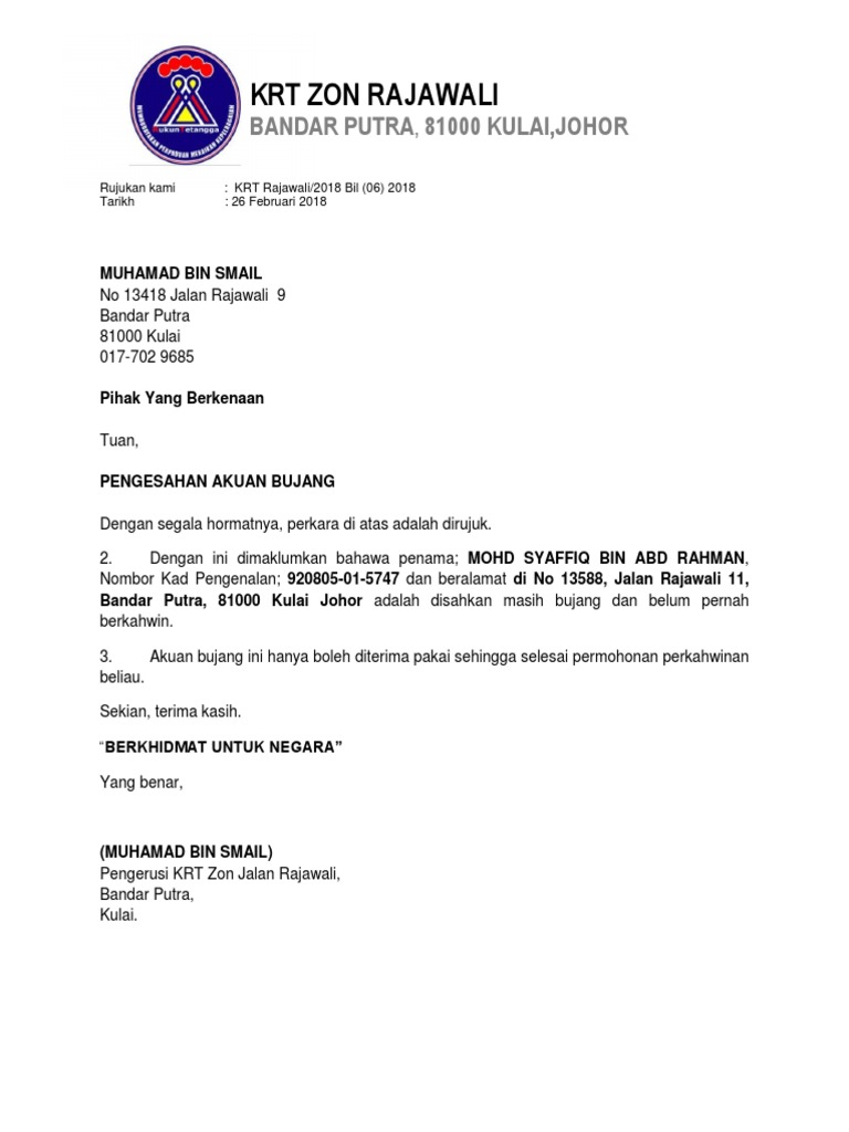 Surat Akuan Bujang Pdf