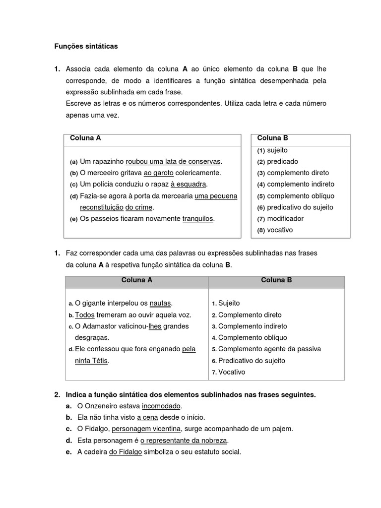 Funcoes Sintaticas Ficha de Trabalho 8 | Assunto (Gramática)