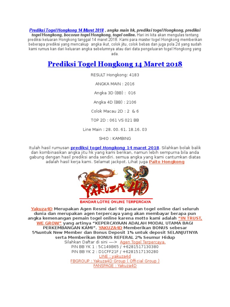 Prediksi Togel Hongkong 14 Maret 2018 Yakuzalotto