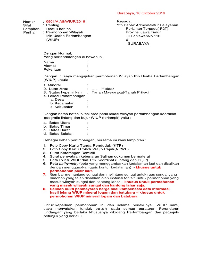 Contoh Surat Permohonan Izin Usaha Pertambangan Eksplorasi