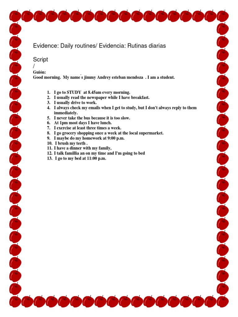 Evidence: Daily Routines/ Evidencia: Rutinas Diarias Script | PDF